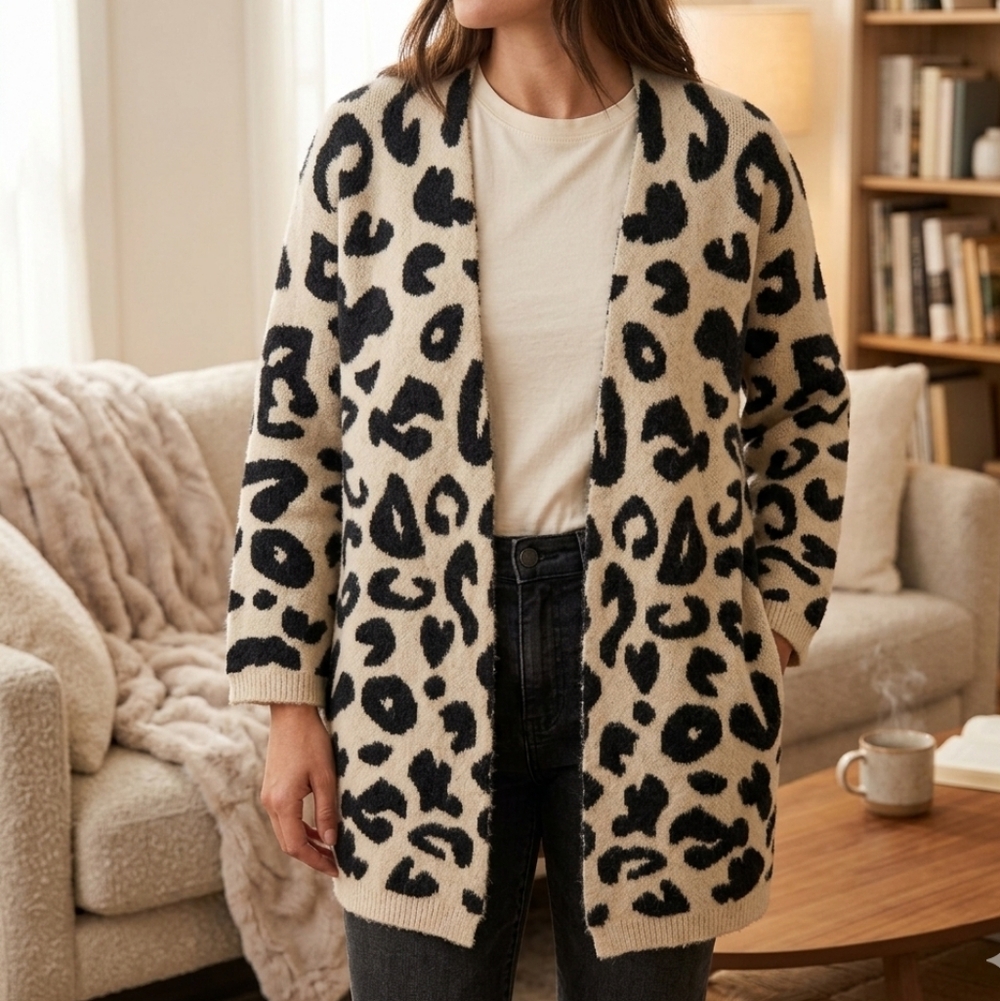 Ellison Leopard Print Open Cardigan Sweater Size M Beige Black Oversized Cozy